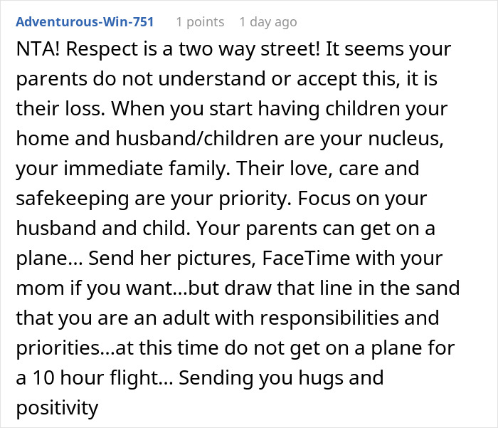 Woman Infuriates Her Parents By Not Going On A 10-Hour Flight So They Can See Their Grandbaby