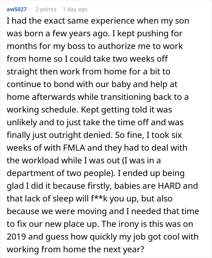 Boss Regrets Not Giving New Dad 1 Week Off After He Says He'll Be Taking 12