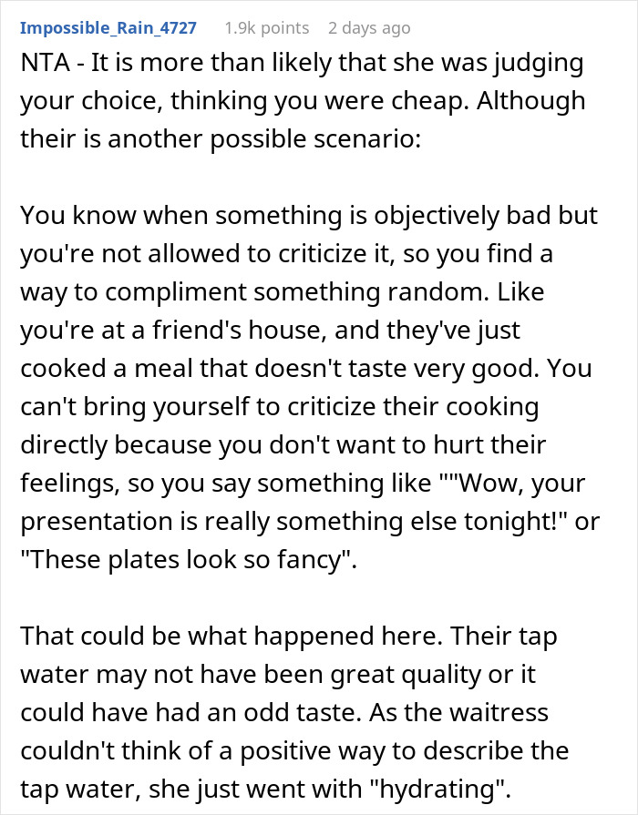 Server Keeps Repeating “It’s Very Hydrating” When Customer Asks For Tap Water Server Keeps Repeating “It’s Very Hydrating” When Customer Asks For Tap Water