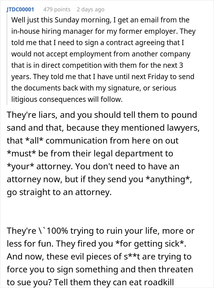 Company Tries To Stop Employee They Fired From Working For Their Competitors, They Ask For Advice Company Tries To Stop Employee They Fired From Working For Their Competitors, They Ask For Advice