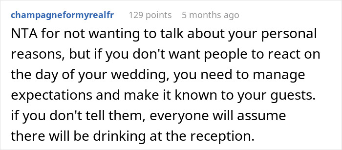 Bride Wants To Keep The Reasoning Behind Alcohol-Free Wedding Secret, Friends Put Her Under Fire Bride Wants To Keep The Reasoning Behind Alcohol-Free Wedding Secret, Friends Put Her Under Fire