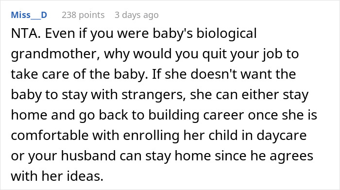 Comment text discussing a woman’s refusal to sacrifice her life for a baby and its impact on her marriage. Comment text discussing a woman’s refusal to sacrifice her life for a baby and its impact on her marriage.