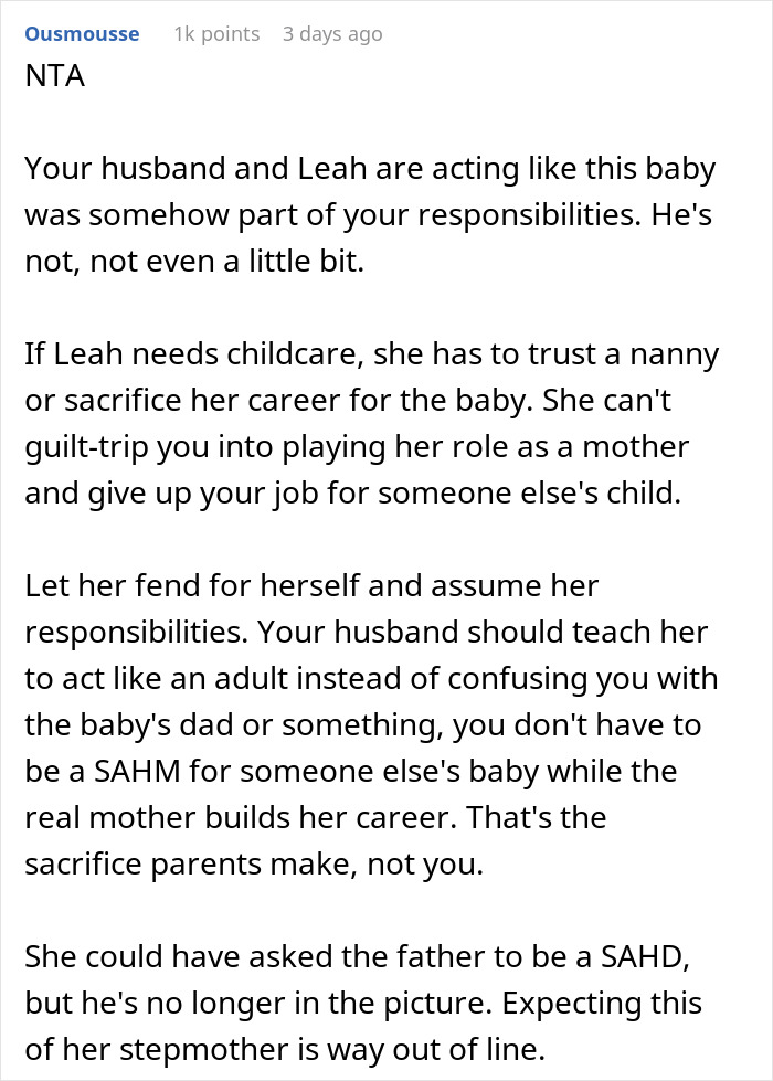 Text discussion about a woman refusing to sacrifice her life for a baby, highlighting marriage and parental responsibilities. Text discussion about a woman refusing to sacrifice her life for a baby, highlighting marriage and parental responsibilities.