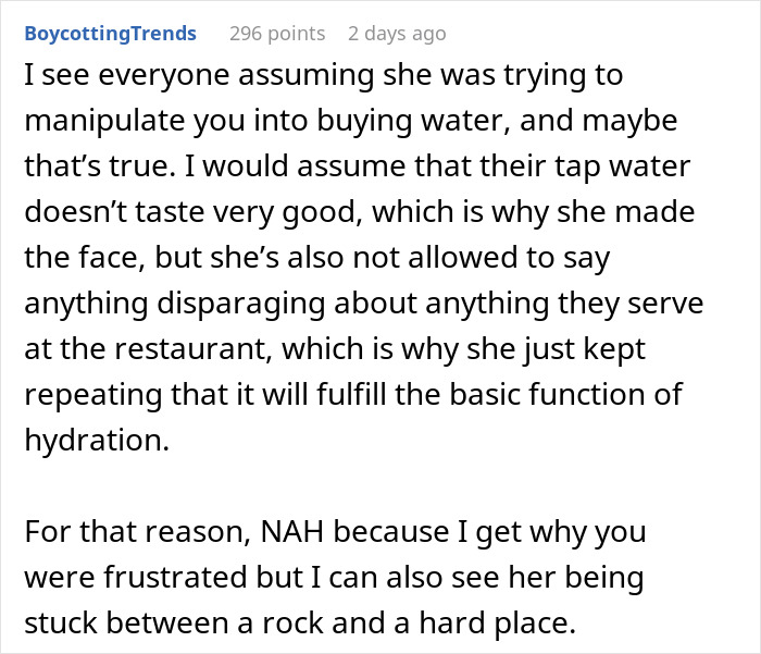 Server Keeps Repeating “It’s Very Hydrating” When Customer Asks For Tap Water Server Keeps Repeating “It’s Very Hydrating” When Customer Asks For Tap Water