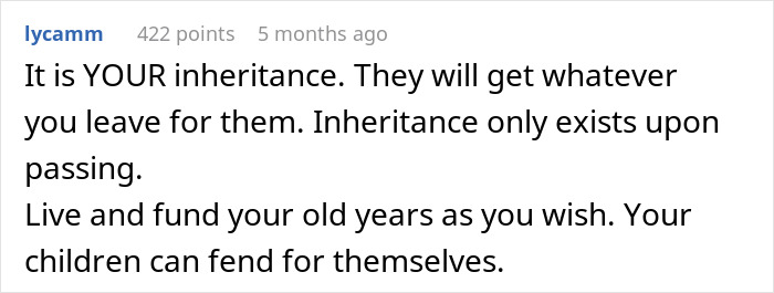 Comment discussing inheritance rights and a dad deciding to withhold inheritance as children reject traditions.