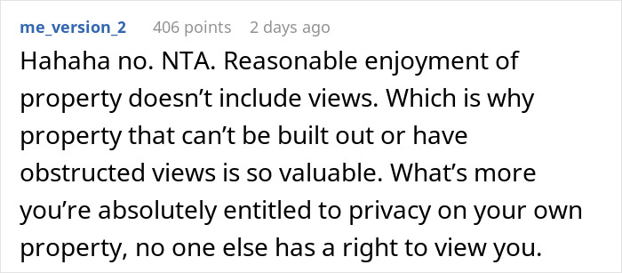 Comment text discussing property rights and privacy with focus on hedge and neighbor's Airbnb view dispute.