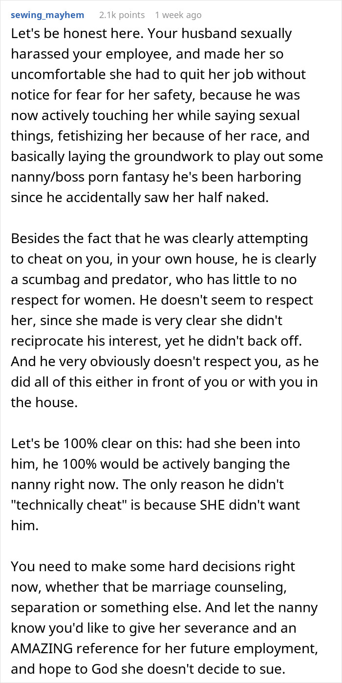 Nanny Quits Job After Husband Sees Her Naked And Doesn't Leave Her Alone