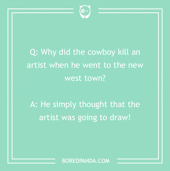 Cowboy joke text with mint green background, featuring a humorous punchline about a cowboy and an artist.