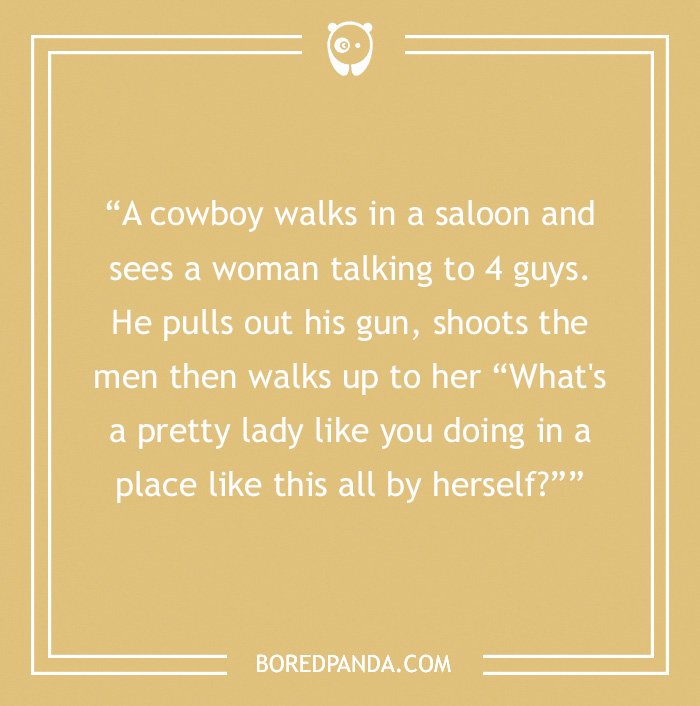 Cowboy joke text on a tan background, features a saloon scene with humorous twist.