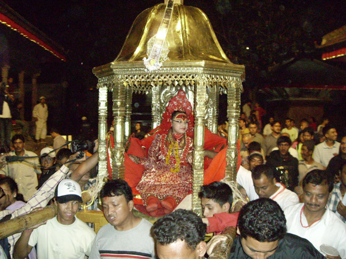 Kumari, the Living Goddess, paraded during Indra Jatra festival in Kathmandu, showcasing culture facts and world diversity.