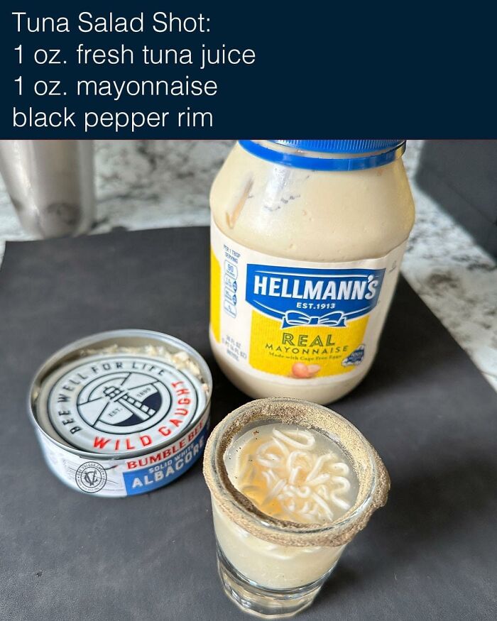 Cursed food: Tuna salad shot with tuna juice, mayonnaise, and black pepper rim displayed with ingredients.