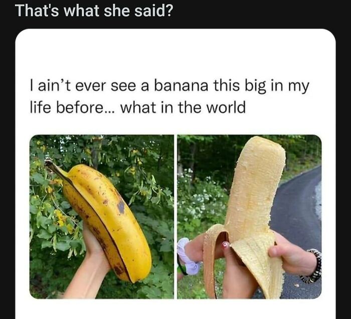 Oversized banana, half-peeled, depicted humorously, representing cursed foods.