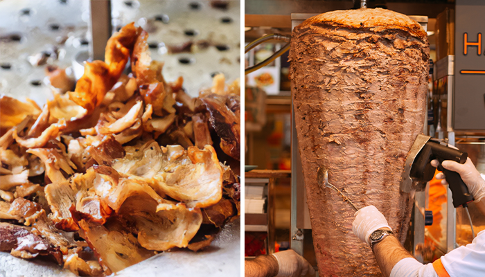 Close-up of seasoned meat slices and a vertical rotating spit, highlighting popular meal ingredients and cooking methods.