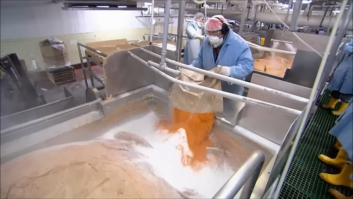 Factory worker in protective gear pouring orange seasoning into large batch of food in a processing plant behind-the-scenes.