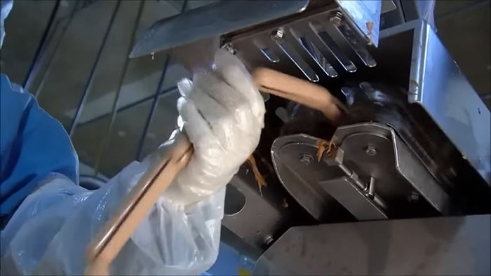 Worker in protective gear processing poultry at a factory revealing disturbing behind-the-scenes secrets of popular meals