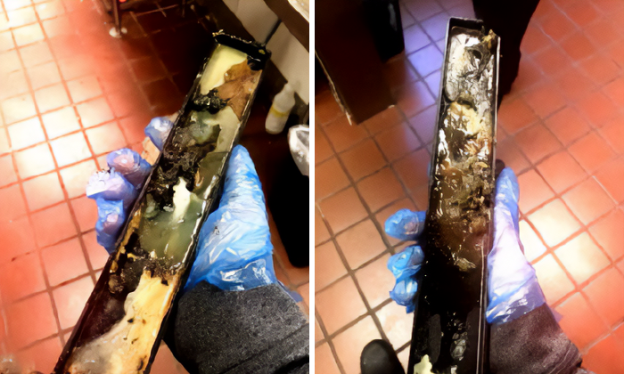 Close-up of gloved hand holding dirty kitchen equipment revealing disturbing behind-the-scenes secrets of popular meals