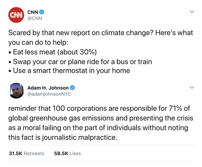 Screenshot of tweets discussing climate change solutions and corporate responsibility highlighting the wealth gap and billionaire impact.
