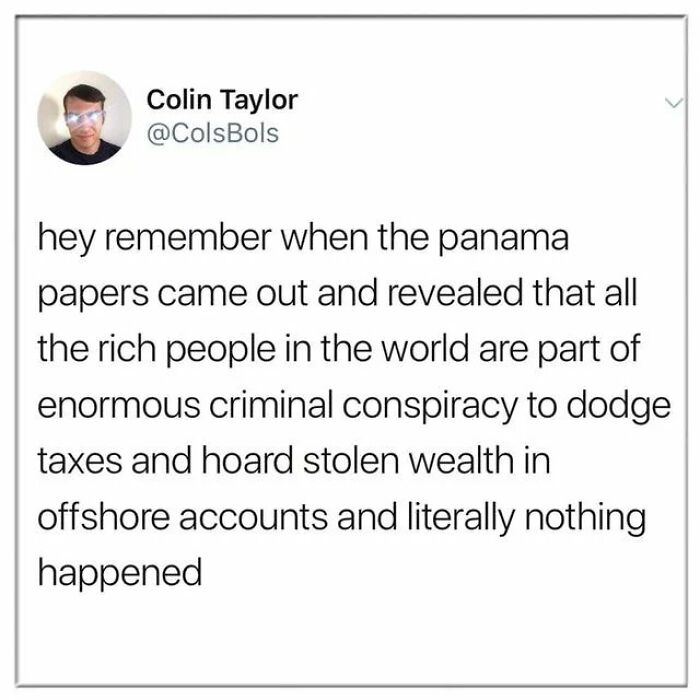 Screenshot of social media post referencing billionaires’ criminal conspiracy to dodge taxes and the wealth gap injustice revealed by Panama Papers.
