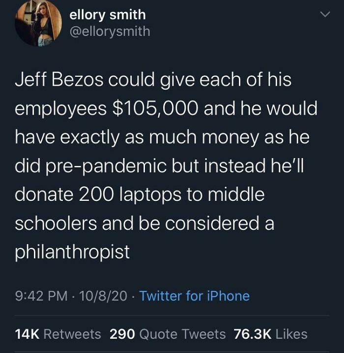 Tweet highlighting billionaire Jeff Bezos and the wealth gap, showing infuriatingly unfair economic inequality in the world.