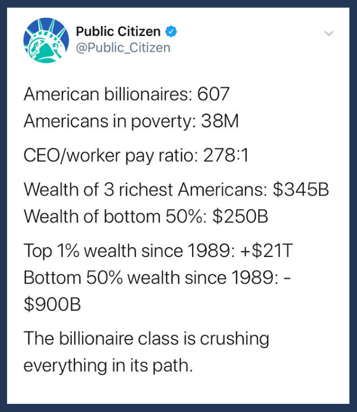 Tweet from Public Citizen showing wealth gap statistics between billionaires and Americans in poverty highlighting the billionaire wealth gap.