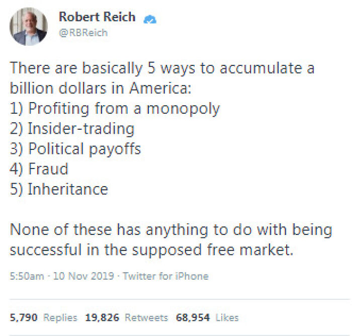 Tweet by Robert Reich listing five ways to accumulate a billion dollars, highlighting billionaires and the wealth gap issues.