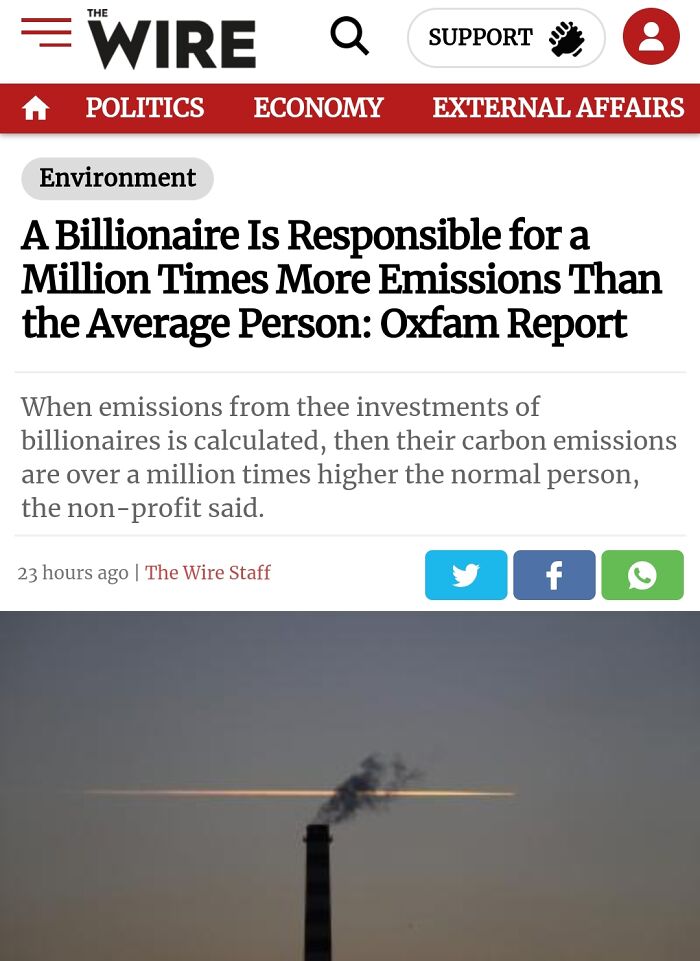 Headline about billionaires and emissions with a dark smokestack emitting pollution, illustrating wealth gap effects.