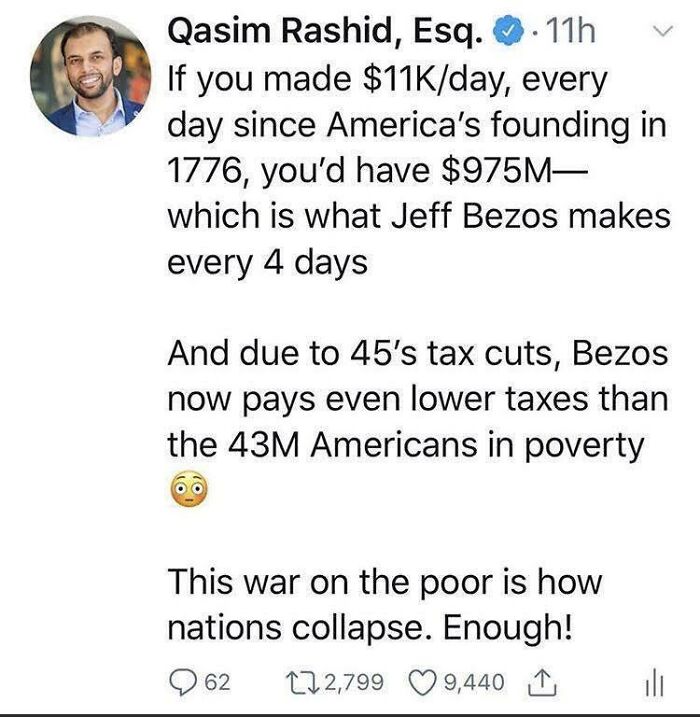 Tweet highlighting billionaire Jeff Bezos' wealth compared to Americans in poverty, illustrating the wealth gap and economic unfairness.