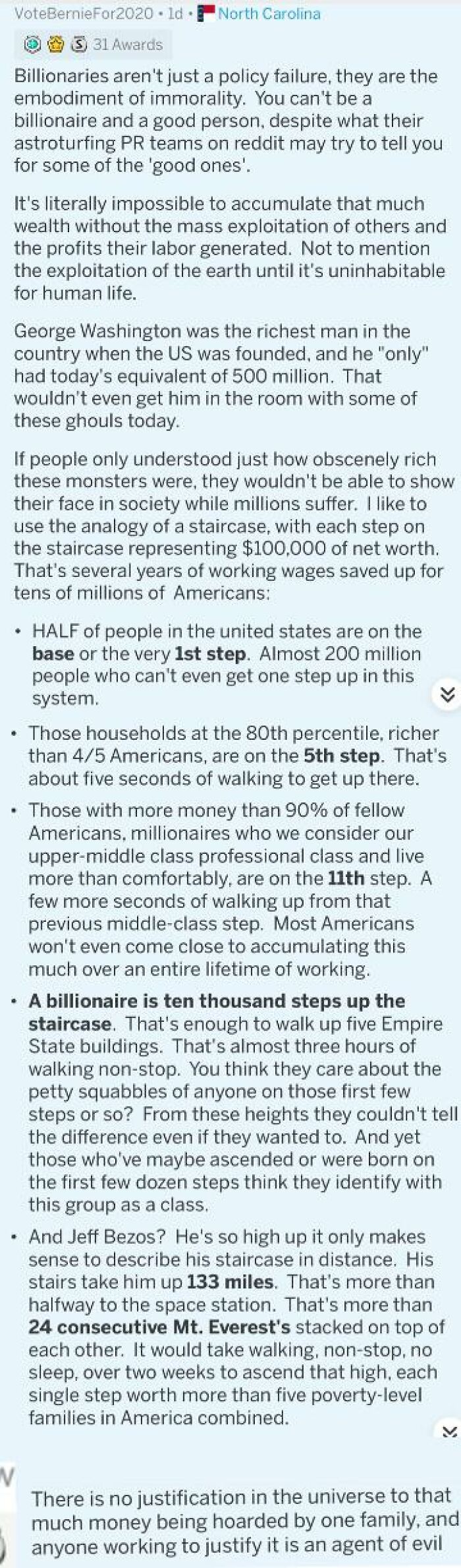 Reddit post explaining how billionaires represent extreme wealth inequality and the unfair wealth gap in America.