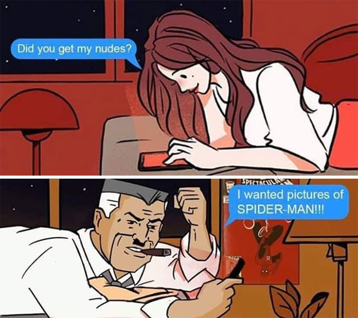 Comic panel featuring a humorous exchange about Spiderman pictures with text messages.