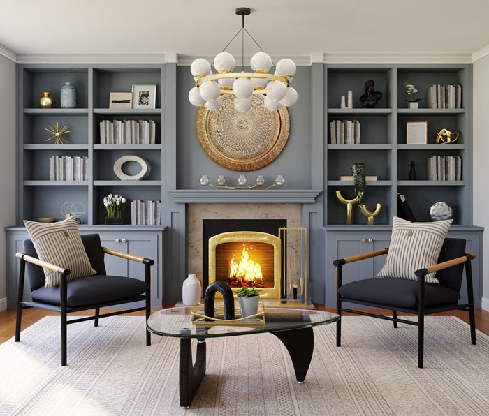 Modern living room fireplace mantel with elegant lighting fixtures and cozy hearth design for a stylish living space.