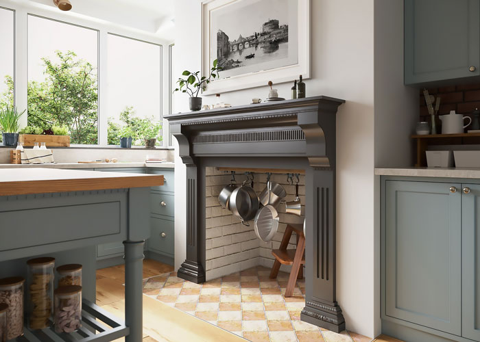 Kitchen fireplace with a dark gray fireplace mantel, pots hanging inside, surrounded by light blue cabinetry and natural light.