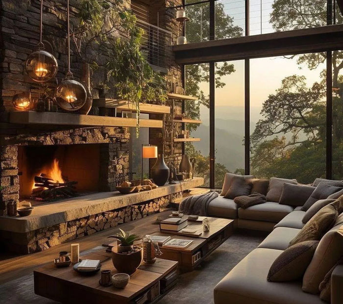 High ceiling living room with multiple level fireplace mantels and a cozy hearth overlooking forested mountains at sunset