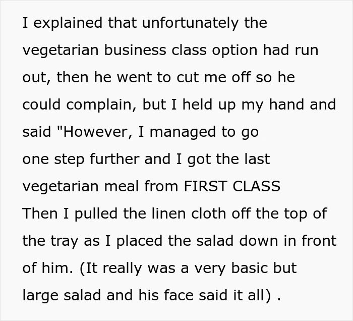Flight Attendant Maliciously Complies With Fake Vegetarian’s Order, Makes Him Regret His Lies Flight Attendant Maliciously Complies With Fake Vegetarian’s Order, Makes Him Regret His Lies