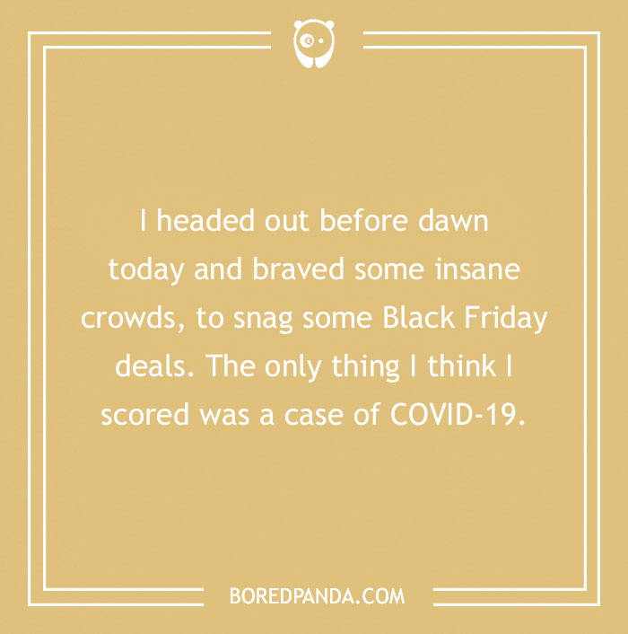 Humorous Friday joke about Black Friday shopping and COVID-19 on a beige background.