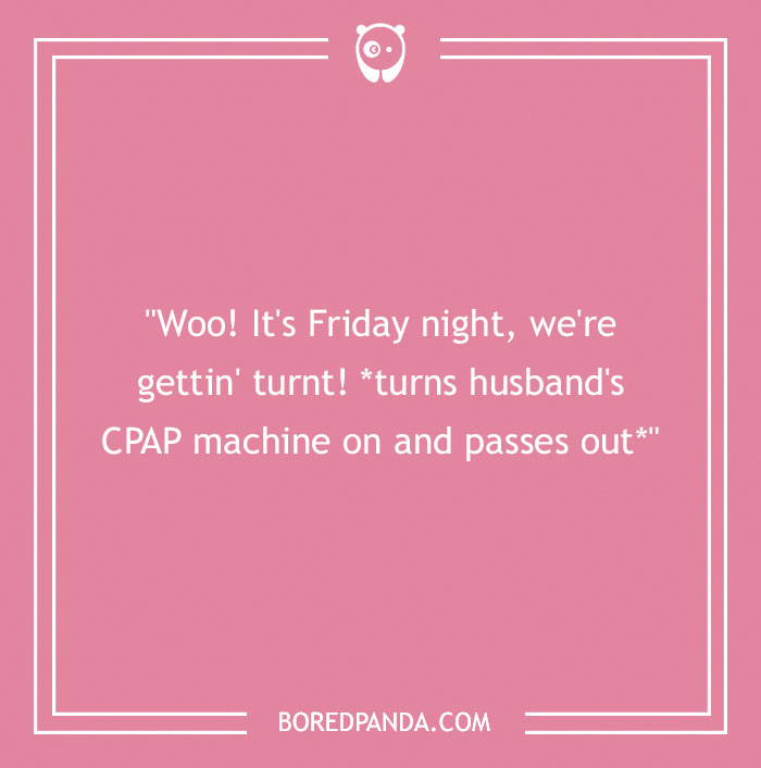 Pink background with a humorous Friday work joke about weekend plans and a CPAP machine.