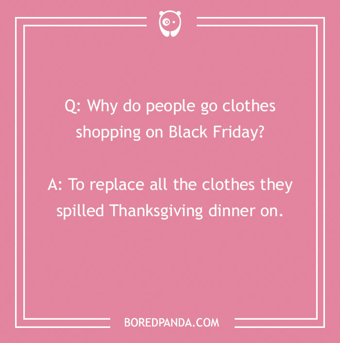 A pink image with a Friday joke about Black Friday clothes shopping and Thanksgiving spills.