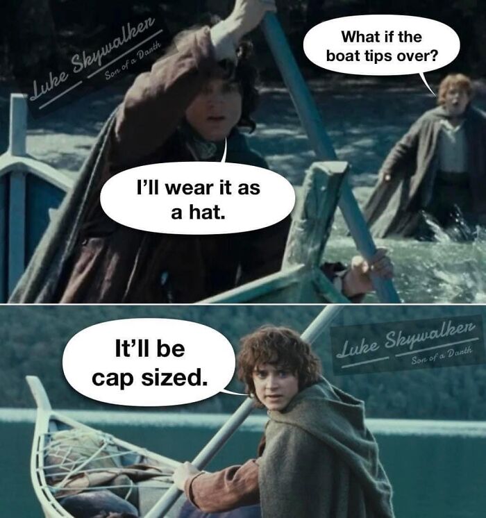 Middle Earth meme with characters joking about boat capsizing, using puns on wearing a boat as a hat.