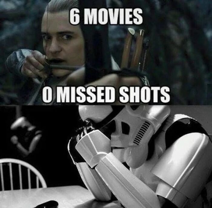 Middle Earth meme comparing an archer's perfect aim with a Stormtrooper's accuracy.