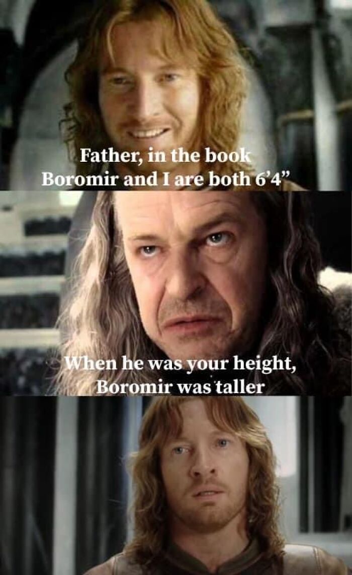 Two characters from Middle Earth debate Boromir's height in a humorous scene.