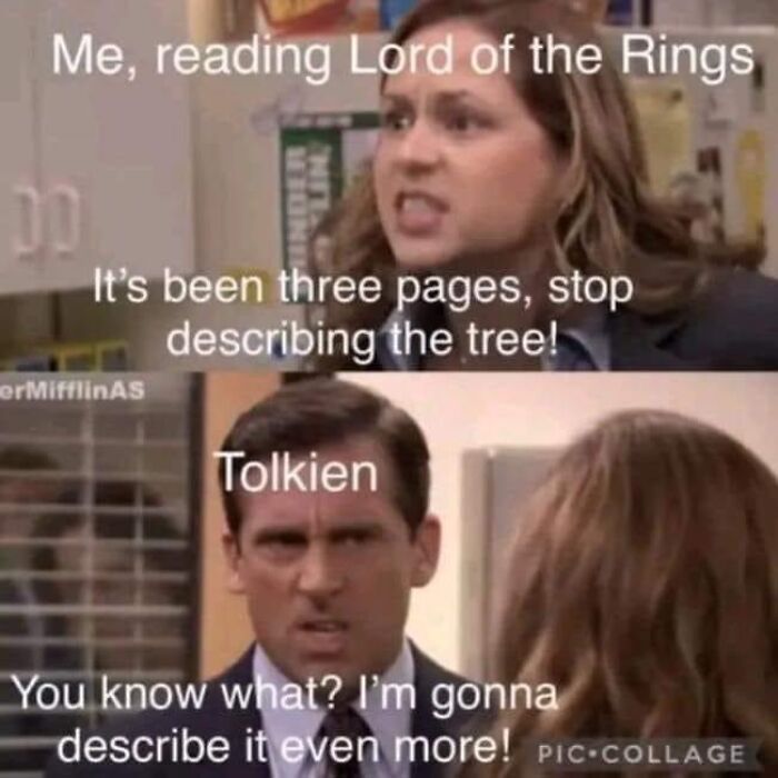 Middle Earth meme with characters humorously debating detailed tree descriptions.