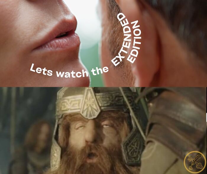 Close-up whispering about extended edition with Gimli reacting below, capturing Middle Earth meme humor.
