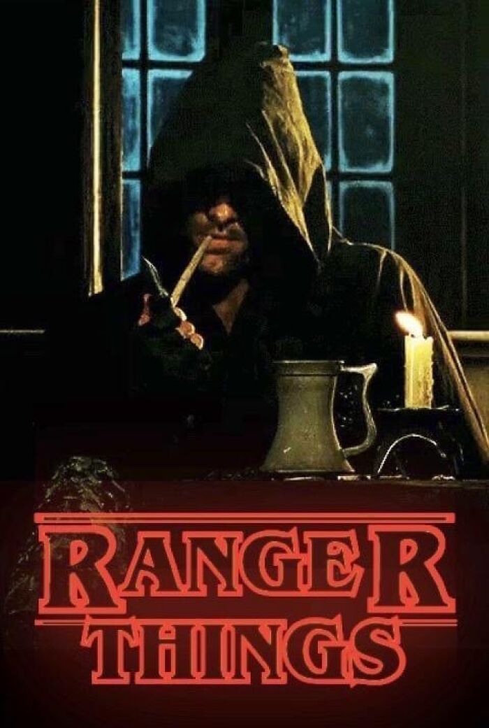 A hooded figure smoking a pipe in a dim room, candlelight nearby, parody text "Ranger Things" in red letters.