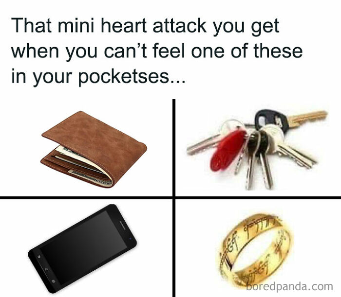 Wallet, keys, phone, and a gold ring meme evoking Middle Earth vibes.
