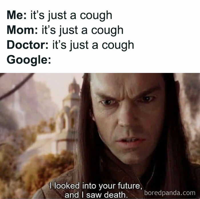 Middle Earth meme about health anxiety; Google search results escalate concern.
