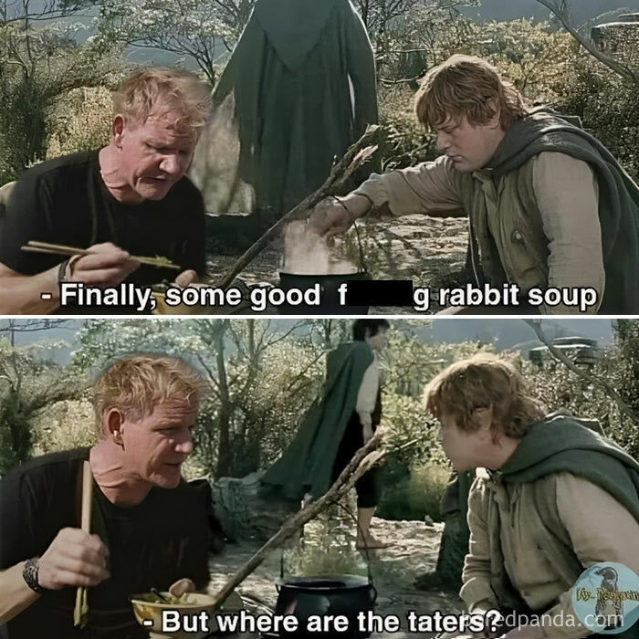 Chef humorously comments on rabbit soup, referencing Middle Earth with a friend.