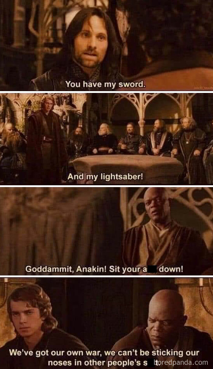 Middle Earth meme with characters mixing Lord of the Rings and Star Wars dialogue.