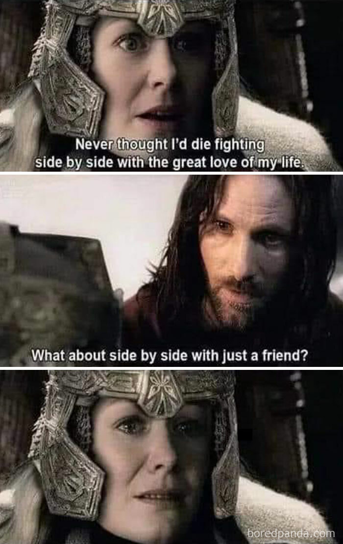 Middle Earth meme featuring two characters, one suggesting camaraderie in battle, the other questioning the idea of friendship.