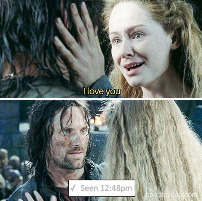 Characters from Middle Earth in a humorous meme, with one declaring love and the other reacting with seen message.