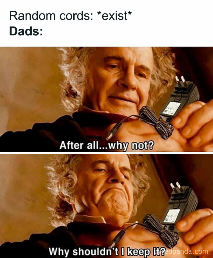 Middle Earth meme showing a character deciding to keep random cords.