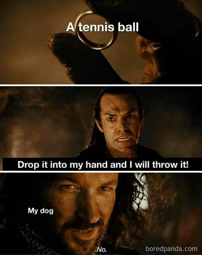 Middle Earth meme with characters humorously discussing a tennis ball.